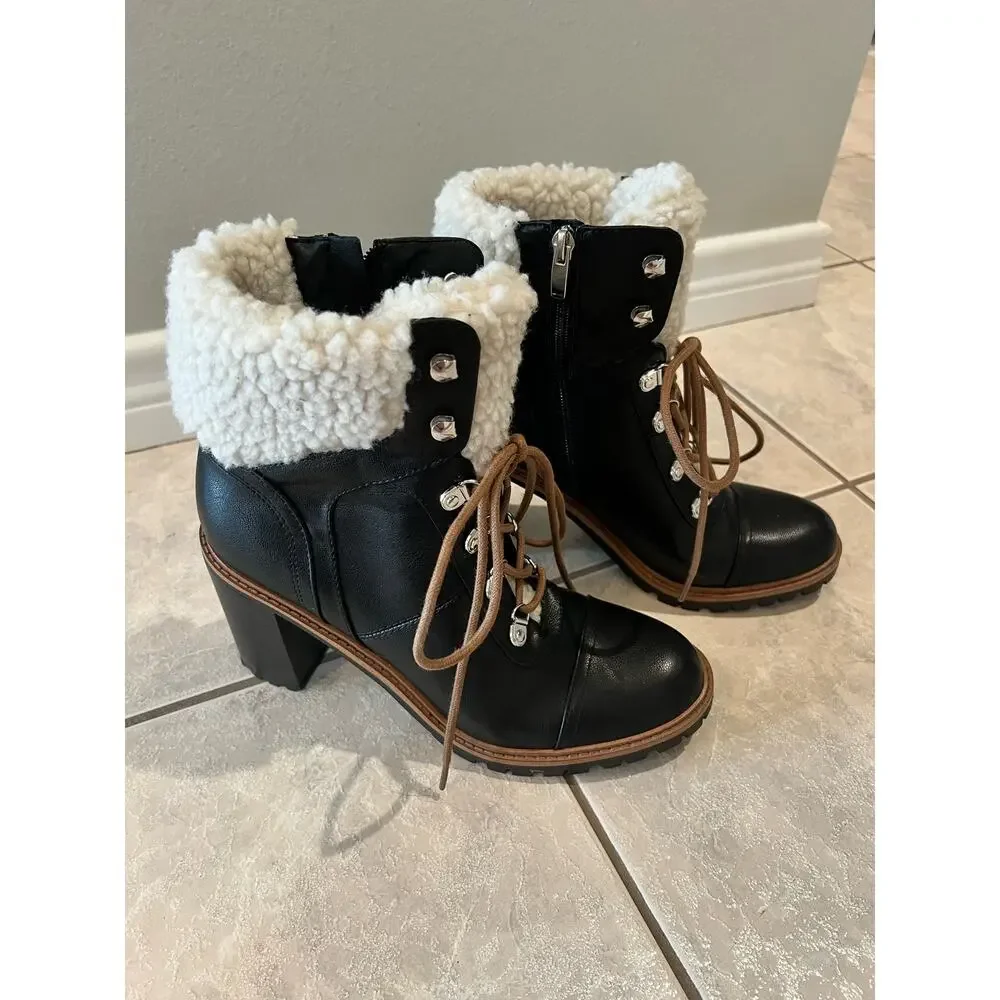 Nine West Penni Fur Booties/Lace Up Sherpa Combat Heeled Lined Women's Size 10M - Picture 2 of 5